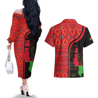 Malawi Patterns Couples Matching Off The Shoulder Long Sleeve Dress and Hawaiian Shirt Blended with Flag Colors & National Emblem - Cultural Fusion Design