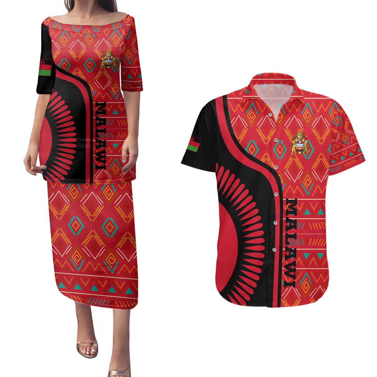 Malawi Patterns Couples Matching Puletasi and Hawaiian Shirt Blended with Flag Colors & National Emblem - Cultural Fusion Design