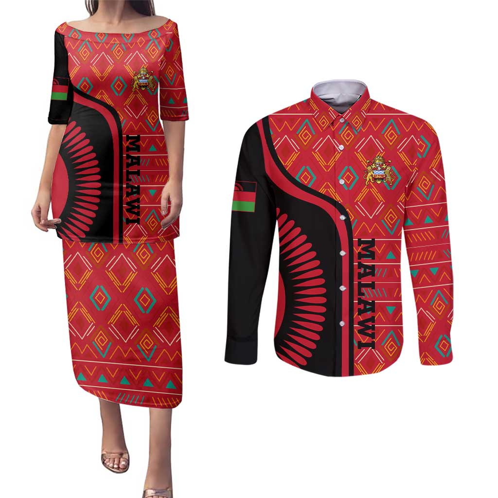 Malawi Patterns Couples Matching Puletasi and Long Sleeve Button Shirt Blended with Flag Colors & National Emblem - Cultural Fusion Design