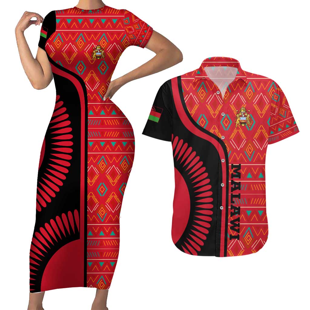 Malawi Patterns Couples Matching Short Sleeve Bodycon Dress and Hawaiian Shirt Blended with Flag Colors & National Emblem - Cultural Fusion Design