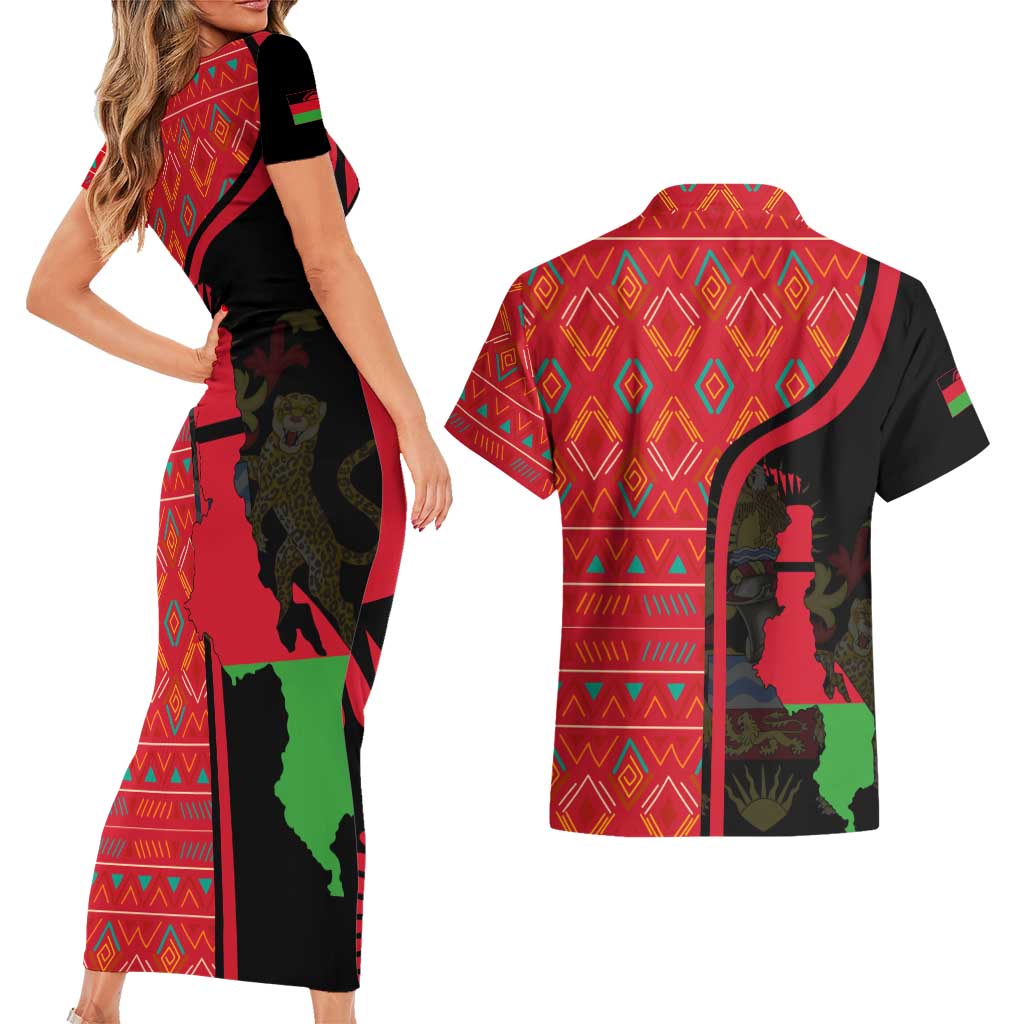 Malawi Patterns Couples Matching Short Sleeve Bodycon Dress and Hawaiian Shirt Blended with Flag Colors & National Emblem - Cultural Fusion Design