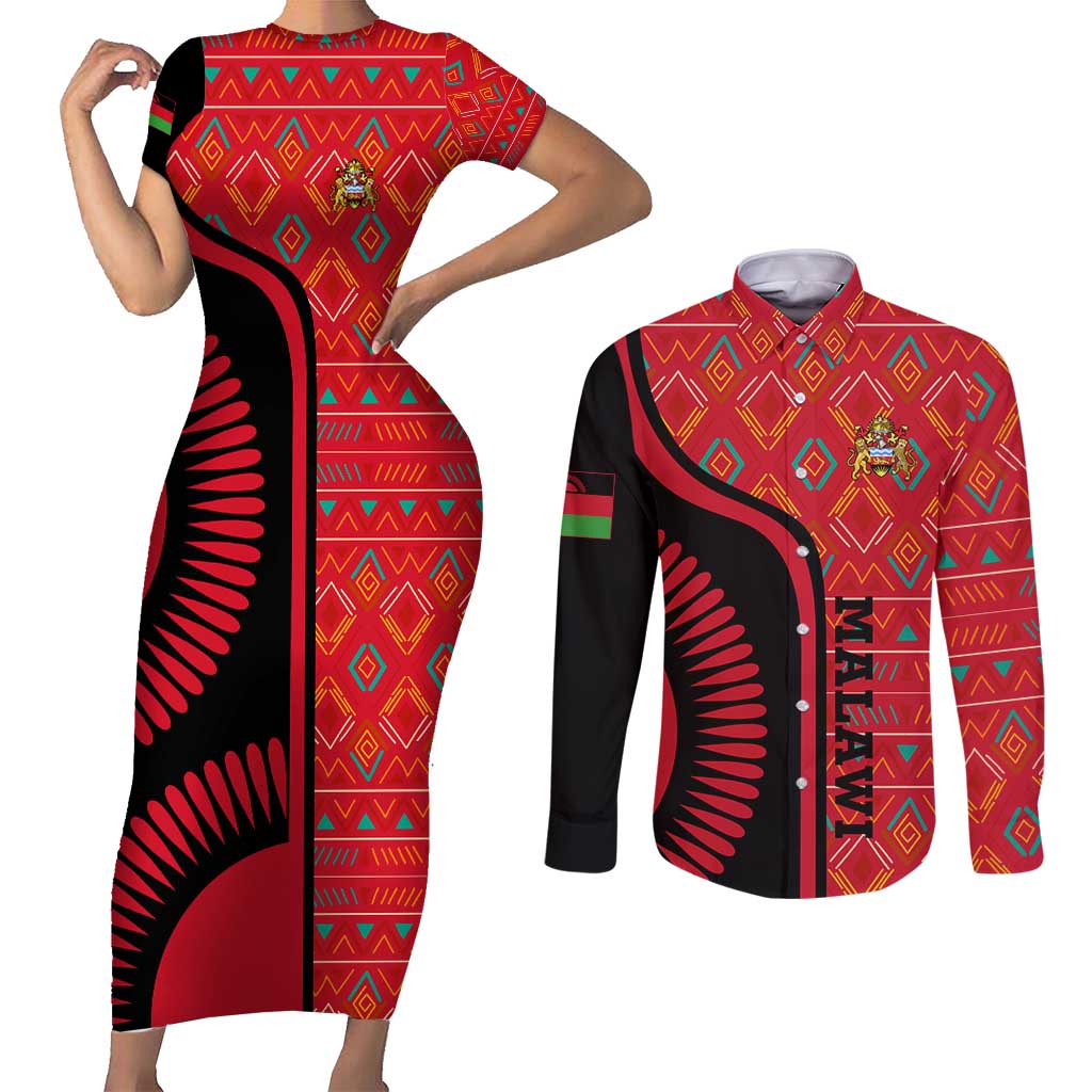 Malawi Patterns Couples Matching Short Sleeve Bodycon Dress and Long Sleeve Button Shirt Blended with Flag Colors & National Emblem - Cultural Fusion Design