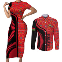Malawi Patterns Couples Matching Short Sleeve Bodycon Dress and Long Sleeve Button Shirt Blended with Flag Colors & National Emblem - Cultural Fusion Design