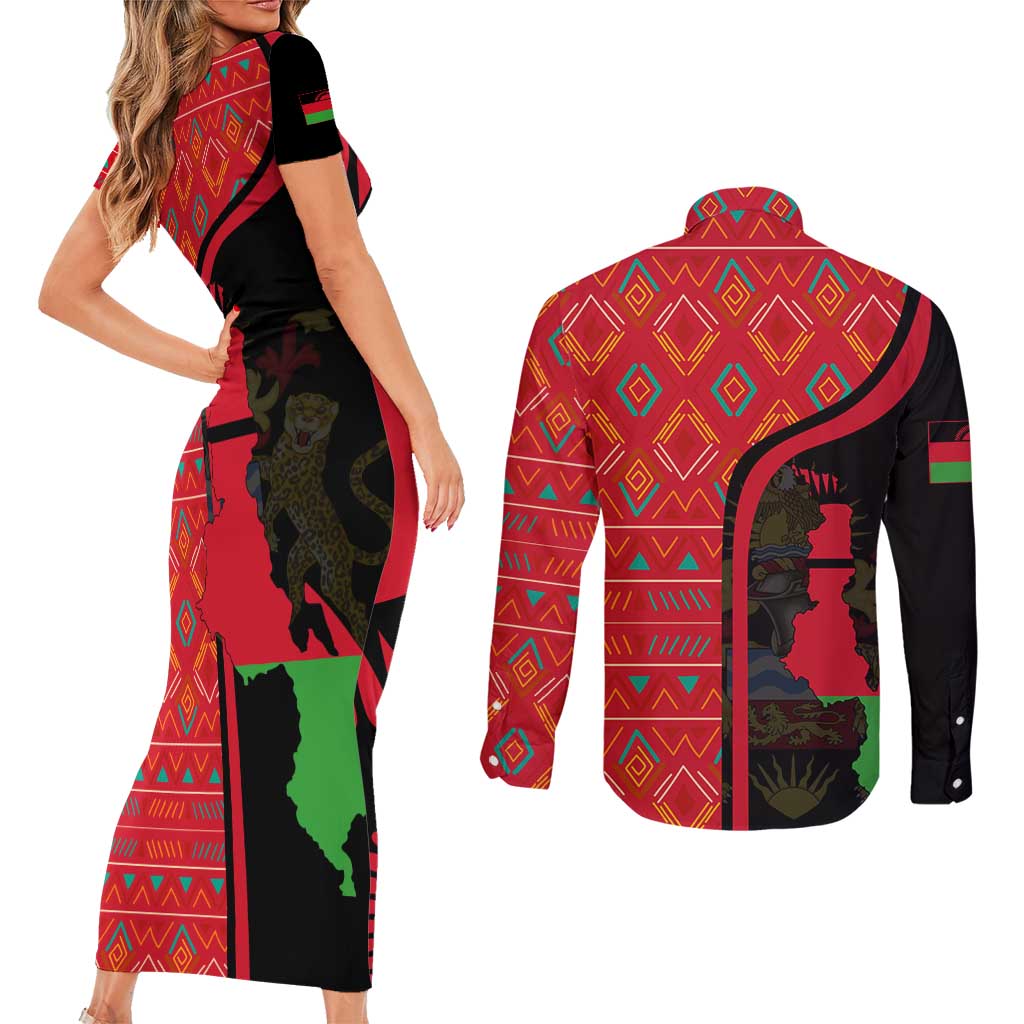 Malawi Patterns Couples Matching Short Sleeve Bodycon Dress and Long Sleeve Button Shirt Blended with Flag Colors & National Emblem - Cultural Fusion Design
