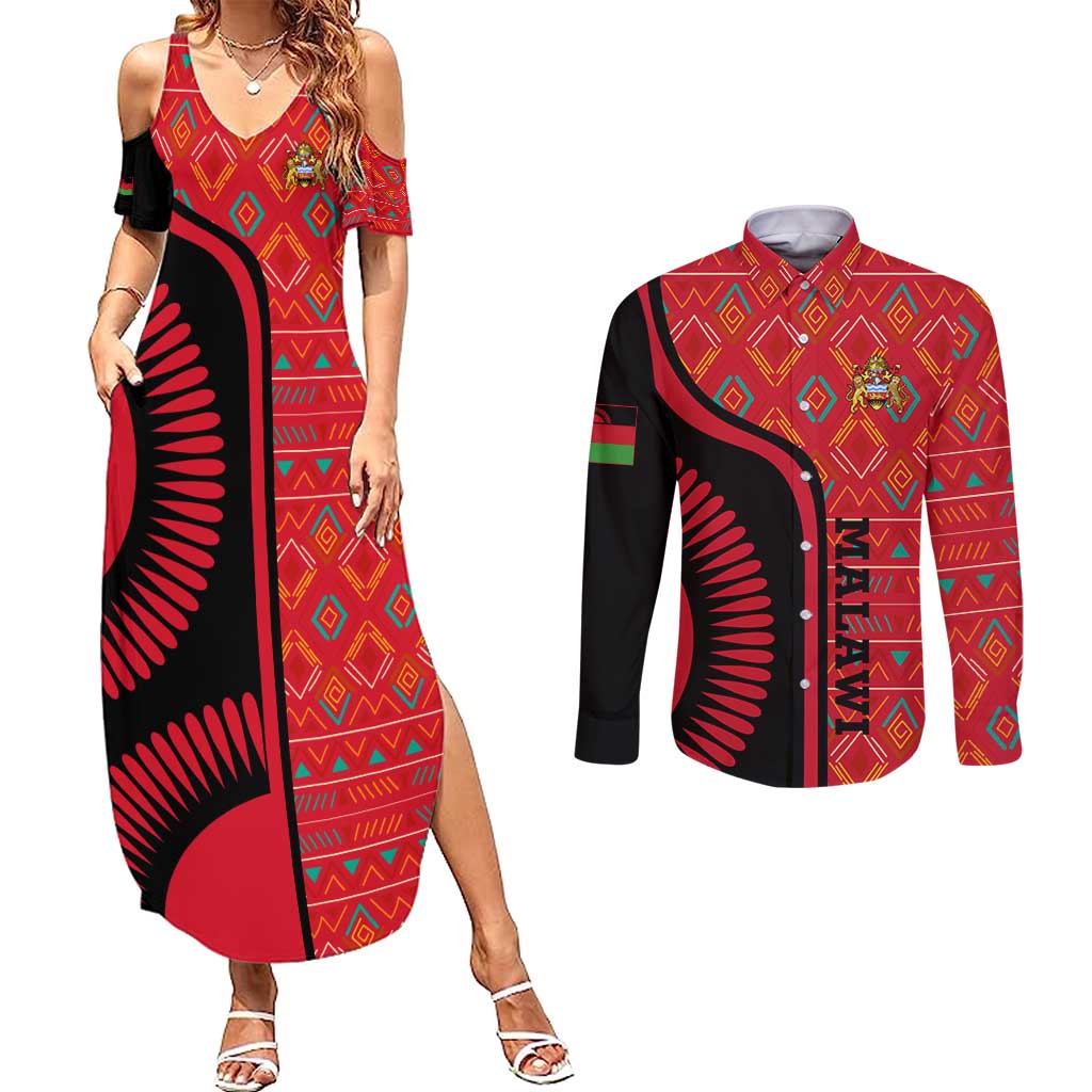 Malawi Patterns Couples Matching Summer Maxi Dress and Long Sleeve Button Shirt Blended with Flag Colors & National Emblem - Cultural Fusion Design