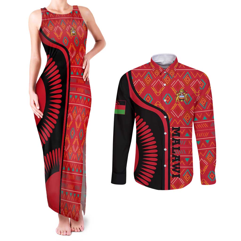 Malawi Patterns Couples Matching Tank Maxi Dress and Long Sleeve Button Shirt Blended with Flag Colors & National Emblem - Cultural Fusion Design