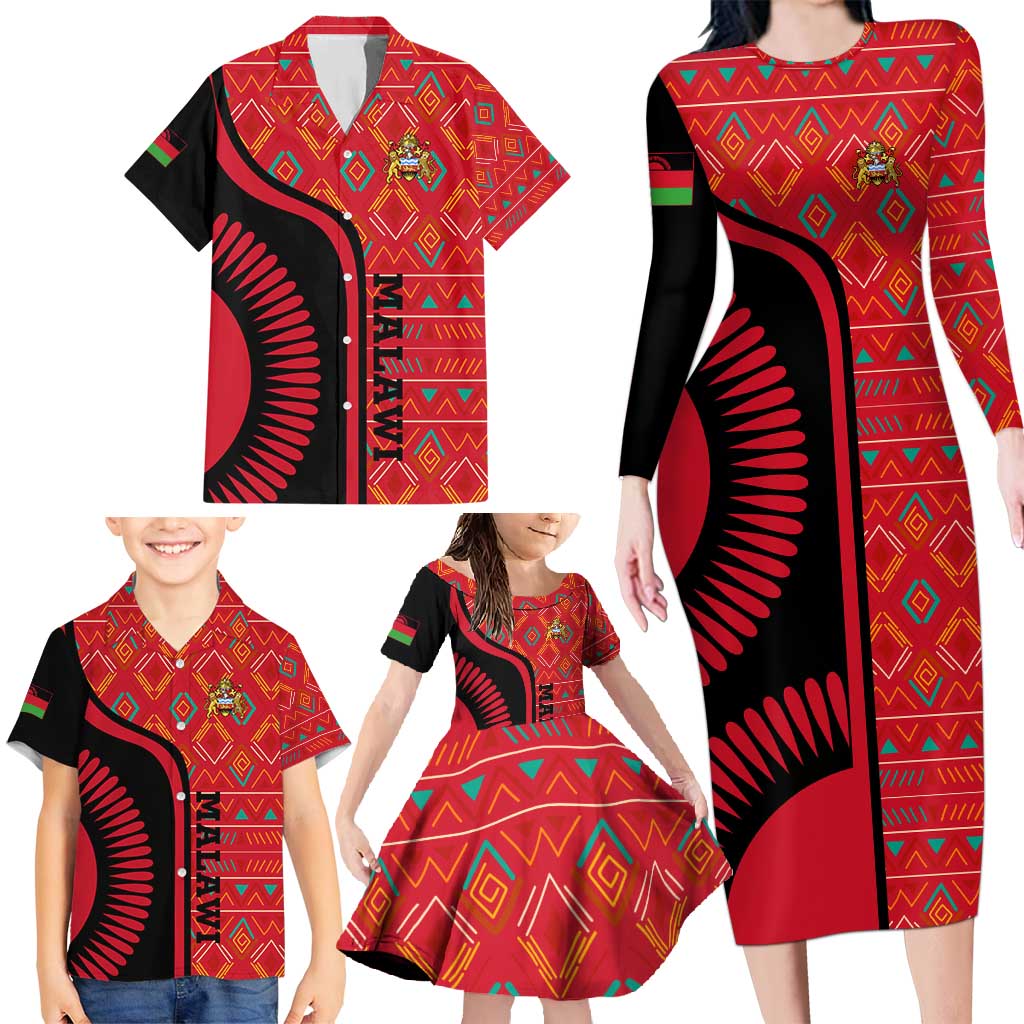 Malawi Patterns Family Matching Long Sleeve Bodycon Dress and Hawaiian Shirt Blended with Flag Colors & National Emblem - Cultural Fusion Design
