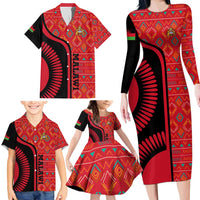 Malawi Patterns Family Matching Long Sleeve Bodycon Dress and Hawaiian Shirt Blended with Flag Colors & National Emblem - Cultural Fusion Design