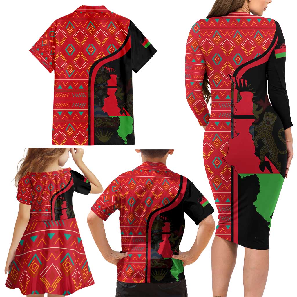 Malawi Patterns Family Matching Long Sleeve Bodycon Dress and Hawaiian Shirt Blended with Flag Colors & National Emblem - Cultural Fusion Design