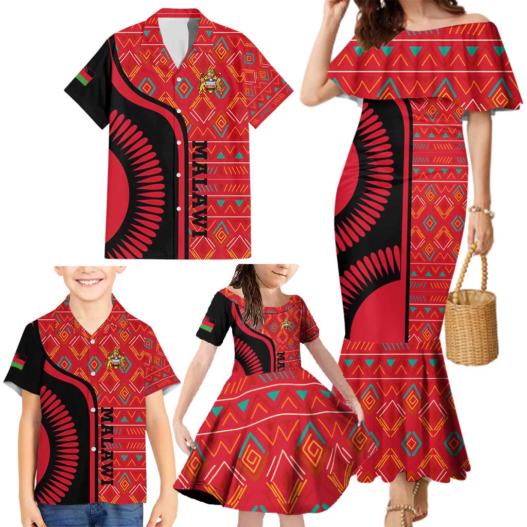 Malawi Patterns Family Matching Mermaid Dress and Hawaiian Shirt Blended with Flag Colors & National Emblem - Cultural Fusion Design
