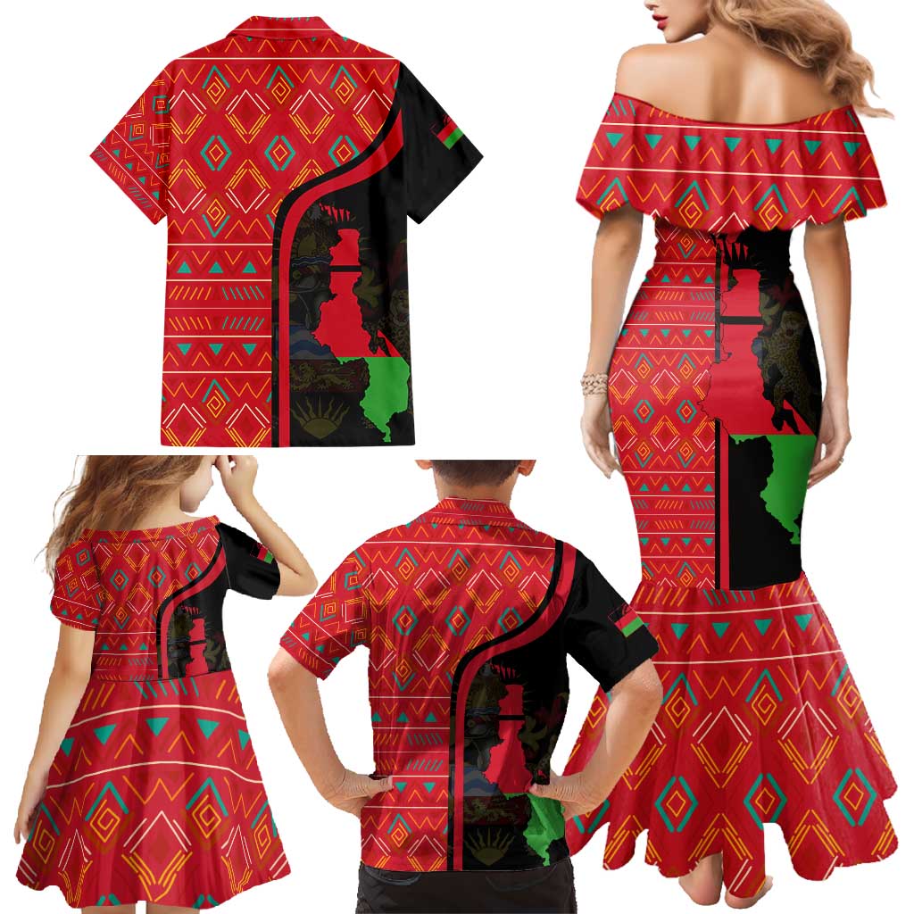 Malawi Patterns Family Matching Mermaid Dress and Hawaiian Shirt Blended with Flag Colors & National Emblem - Cultural Fusion Design