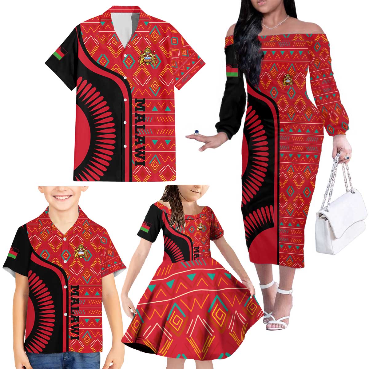 Malawi Patterns Family Matching Off The Shoulder Long Sleeve Dress and Hawaiian Shirt Blended with Flag Colors & National Emblem - Cultural Fusion Design