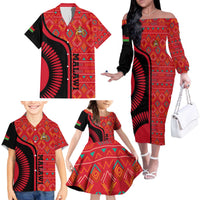 Malawi Patterns Family Matching Off The Shoulder Long Sleeve Dress and Hawaiian Shirt Blended with Flag Colors & National Emblem - Cultural Fusion Design