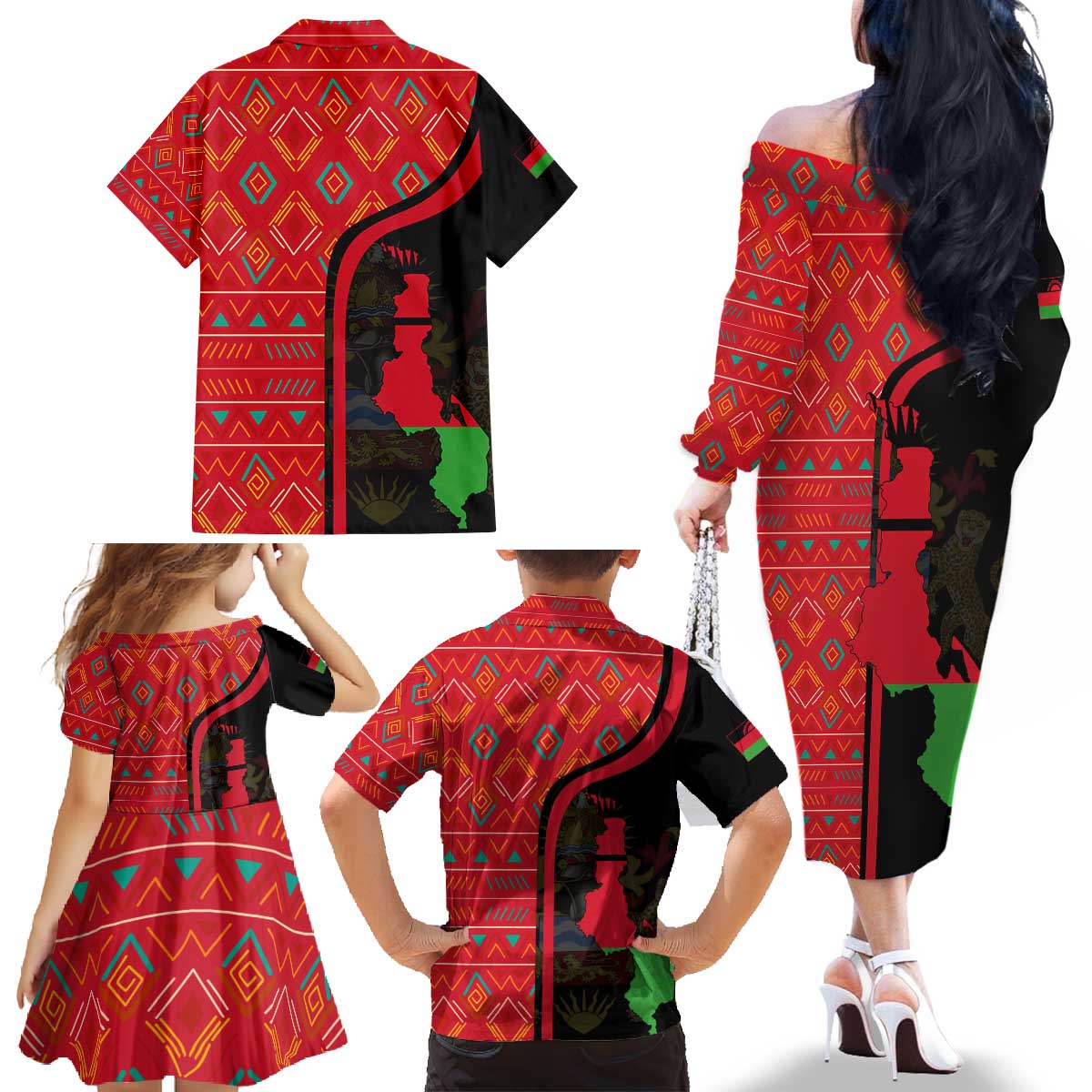Malawi Patterns Family Matching Off The Shoulder Long Sleeve Dress and Hawaiian Shirt Blended with Flag Colors & National Emblem - Cultural Fusion Design