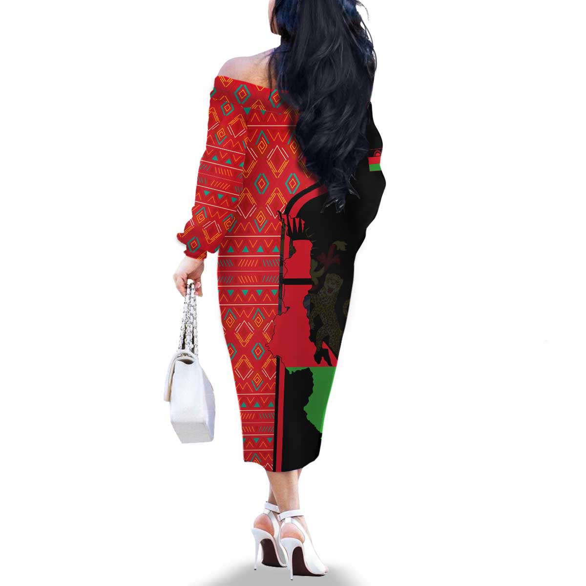 Malawi Patterns Family Matching Off The Shoulder Long Sleeve Dress and Hawaiian Shirt Blended with Flag Colors & National Emblem - Cultural Fusion Design