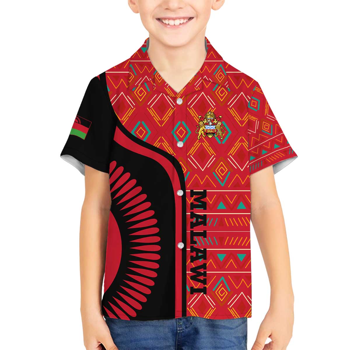 Malawi Patterns Family Matching Off The Shoulder Long Sleeve Dress and Hawaiian Shirt Blended with Flag Colors & National Emblem - Cultural Fusion Design