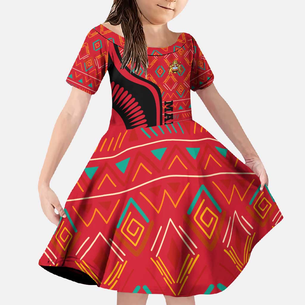 Malawi Patterns Family Matching Off Shoulder Maxi Dress and Hawaiian Shirt Blended with Flag Colors & National Emblem - Cultural Fusion Design