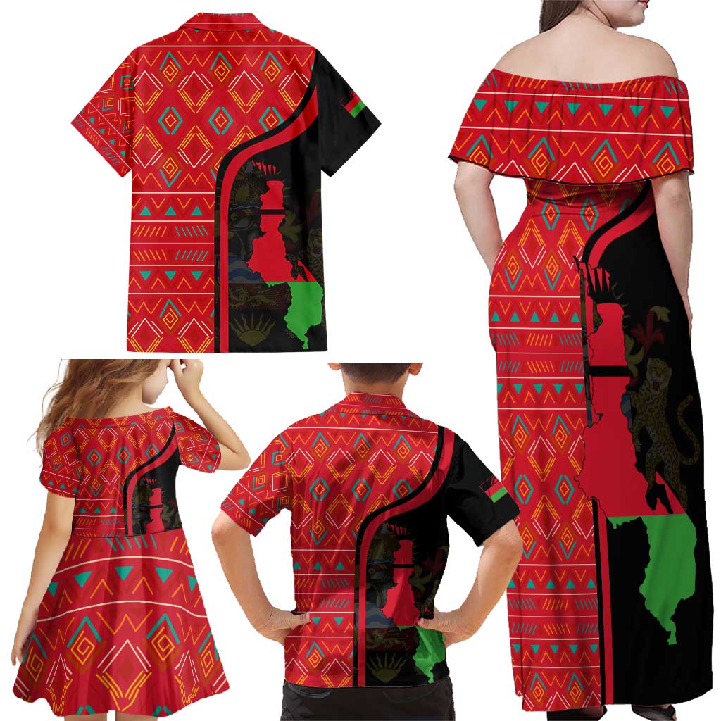 Malawi Patterns Family Matching Off Shoulder Maxi Dress and Hawaiian Shirt Blended with Flag Colors & National Emblem - Cultural Fusion Design