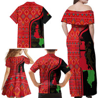 Malawi Patterns Family Matching Off Shoulder Maxi Dress and Hawaiian Shirt Blended with Flag Colors & National Emblem - Cultural Fusion Design
