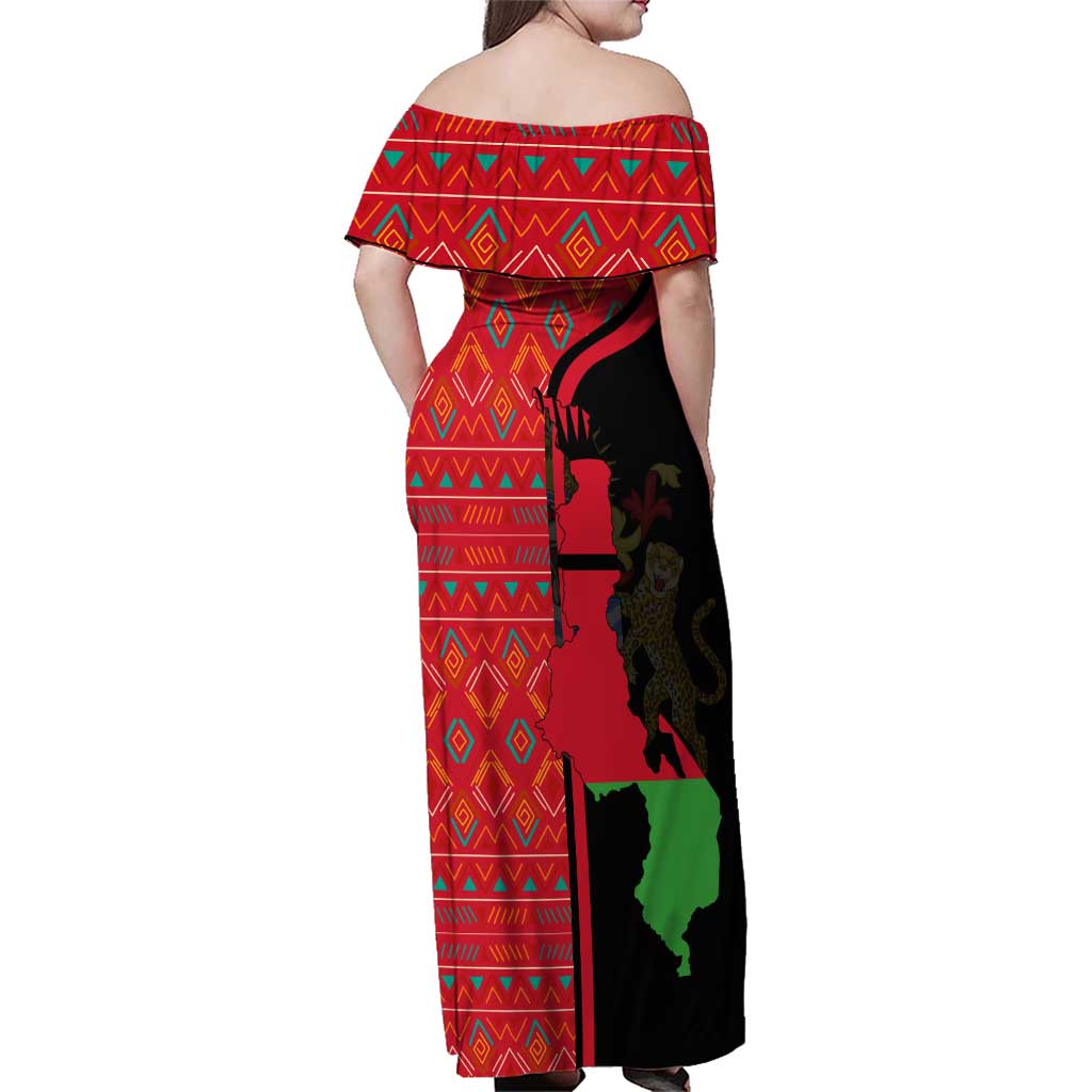 Malawi Patterns Family Matching Off Shoulder Maxi Dress and Hawaiian Shirt Blended with Flag Colors & National Emblem - Cultural Fusion Design