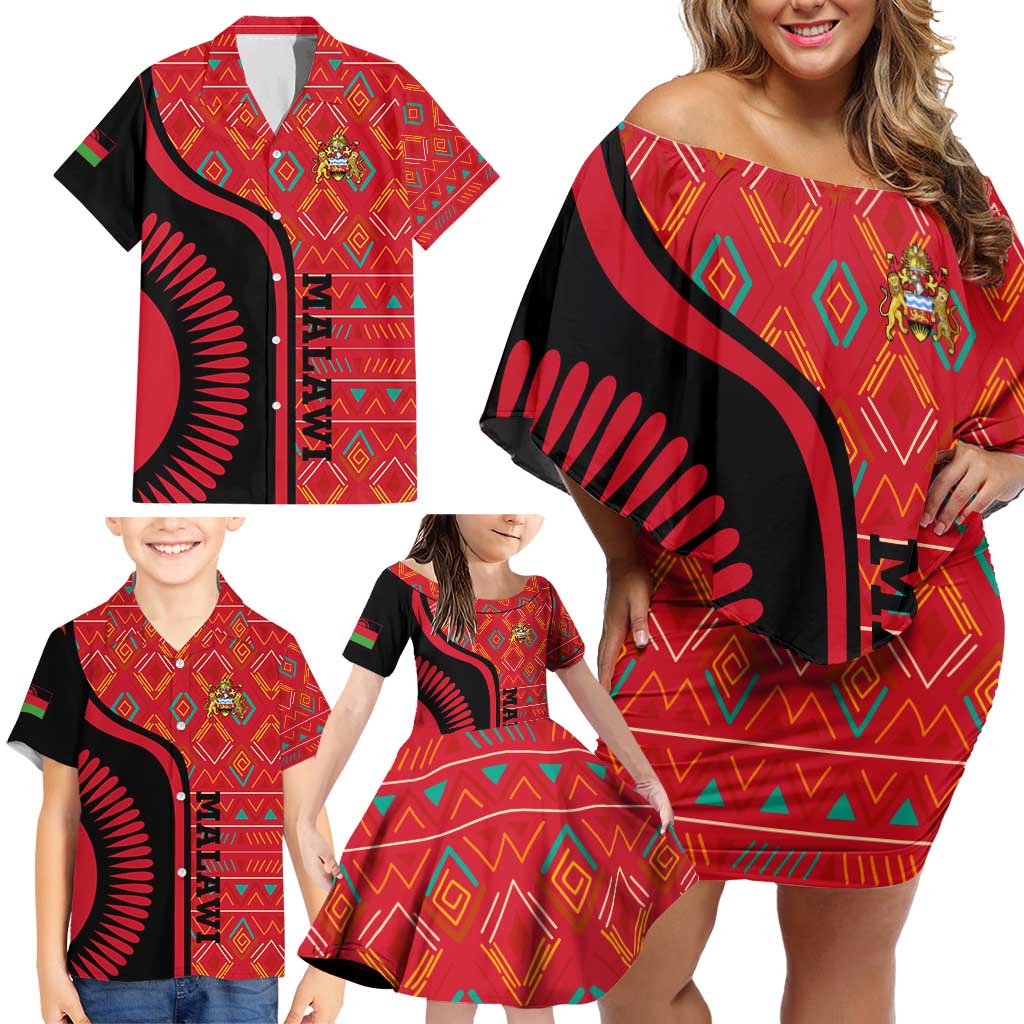 Malawi Patterns Family Matching Off Shoulder Short Dress and Hawaiian Shirt Blended with Flag Colors & National Emblem - Cultural Fusion Design