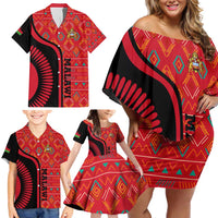 Malawi Patterns Family Matching Off Shoulder Short Dress and Hawaiian Shirt Blended with Flag Colors & National Emblem - Cultural Fusion Design