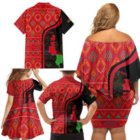Malawi Patterns Family Matching Off Shoulder Short Dress and Hawaiian Shirt Blended with Flag Colors & National Emblem - Cultural Fusion Design