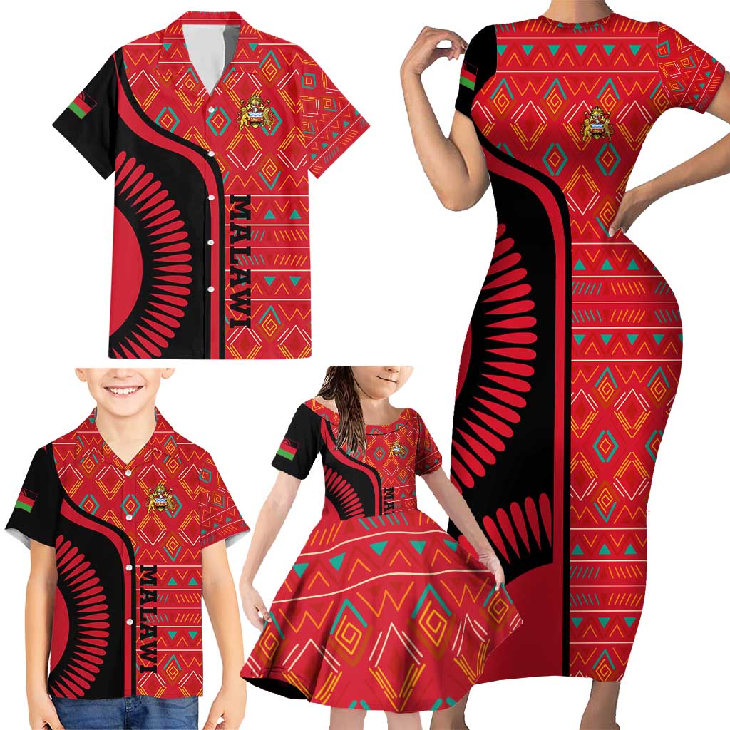 Malawi Patterns Family Matching Short Sleeve Bodycon Dress and Hawaiian Shirt Blended with Flag Colors & National Emblem - Cultural Fusion Design