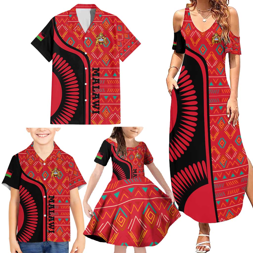 Malawi Patterns Family Matching Summer Maxi Dress and Hawaiian Shirt Blended with Flag Colors & National Emblem - Cultural Fusion Design
