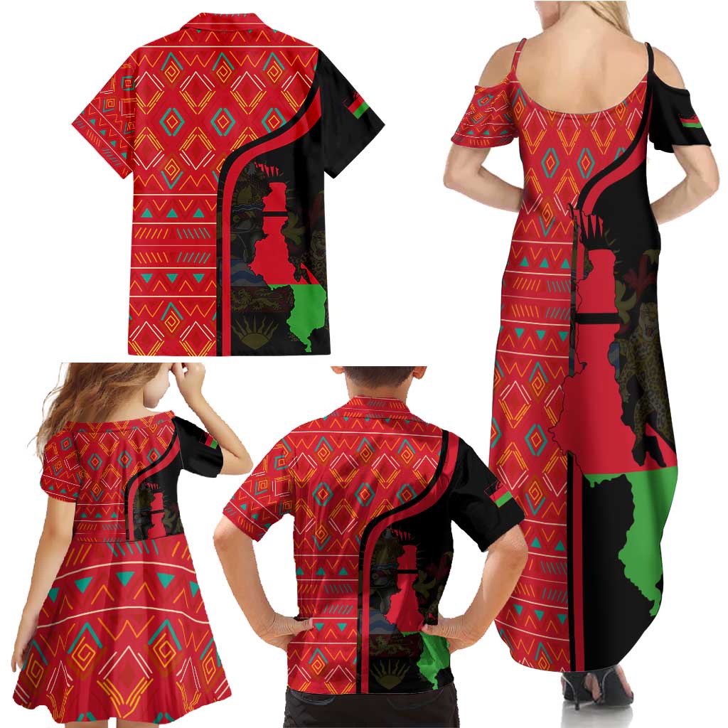 Malawi Patterns Family Matching Summer Maxi Dress and Hawaiian Shirt Blended with Flag Colors & National Emblem - Cultural Fusion Design