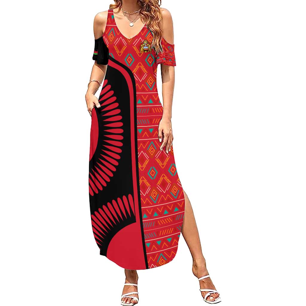 Malawi Patterns Family Matching Summer Maxi Dress and Hawaiian Shirt Blended with Flag Colors & National Emblem - Cultural Fusion Design