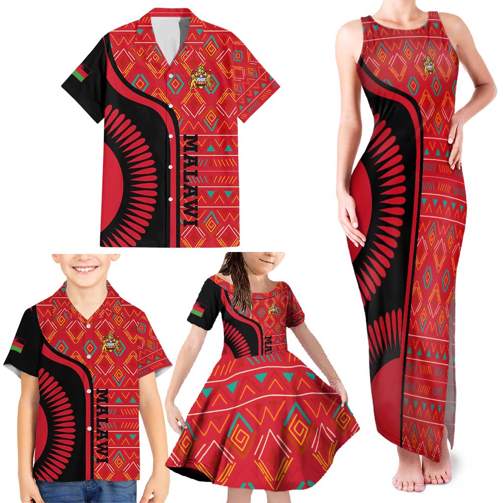 Malawi Patterns Family Matching Tank Maxi Dress and Hawaiian Shirt Blended with Flag Colors & National Emblem - Cultural Fusion Design