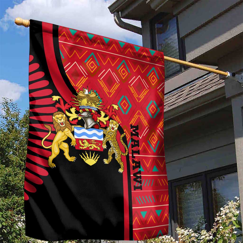 Malawi Patterns Garden Flag Blended with Flag Colors & National Emblem - Cultural Fusion Design