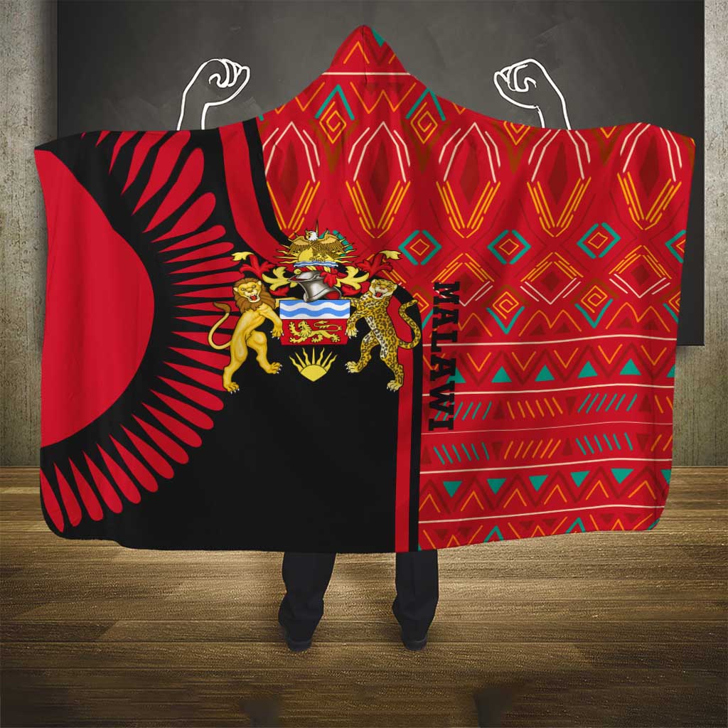 Malawi Patterns Hooded Blanket Blended with Flag Colors & National Emblem - Cultural Fusion Design