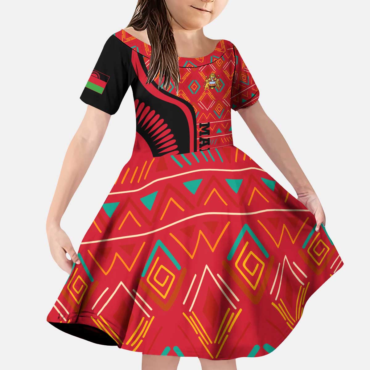 Malawi Patterns Kid Short Sleeve Dress Blended with Flag Colors & National Emblem - Cultural Fusion Design