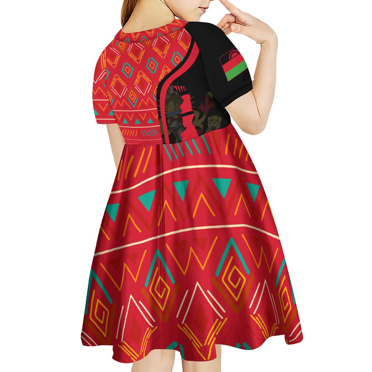 Malawi Patterns Kid Short Sleeve Dress Blended with Flag Colors & National Emblem - Cultural Fusion Design