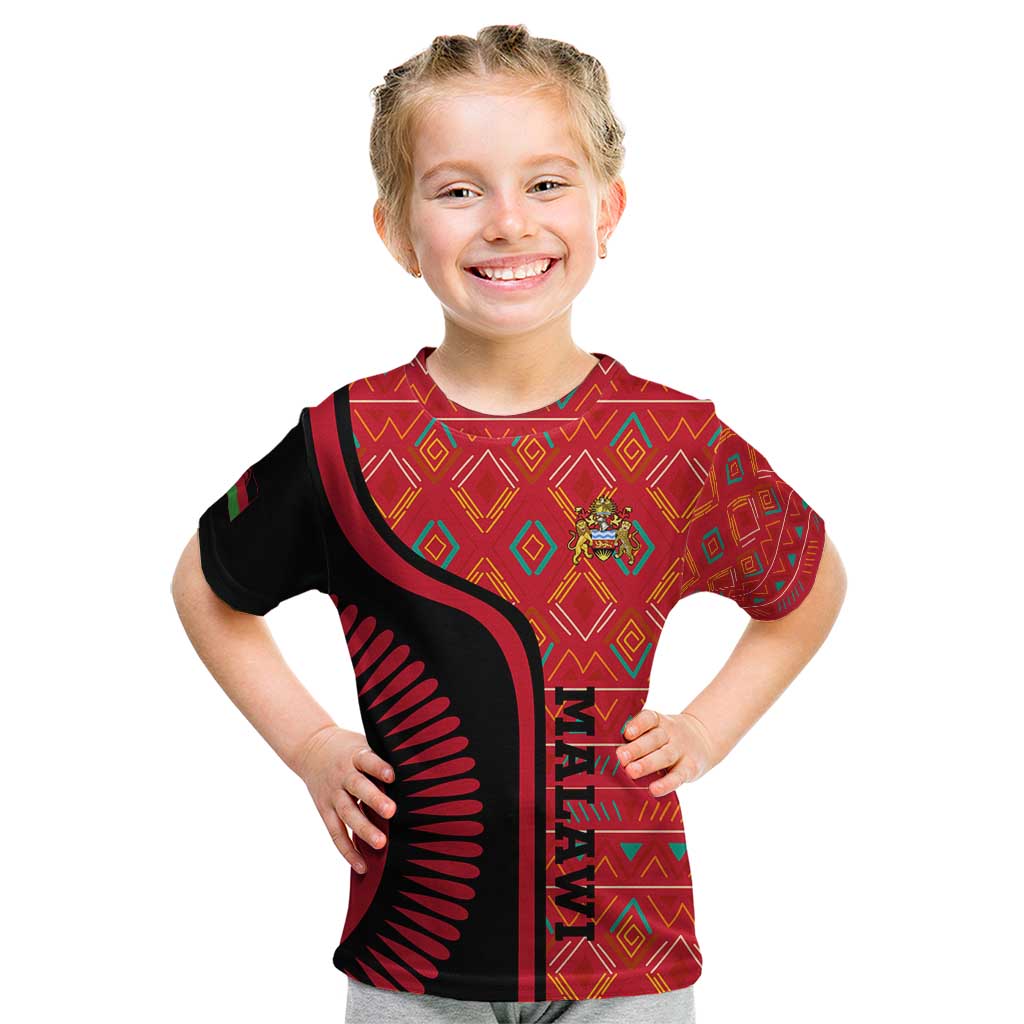Malawi Patterns Kid T Shirt Blended with Flag Colors & National Emblem - Cultural Fusion Design