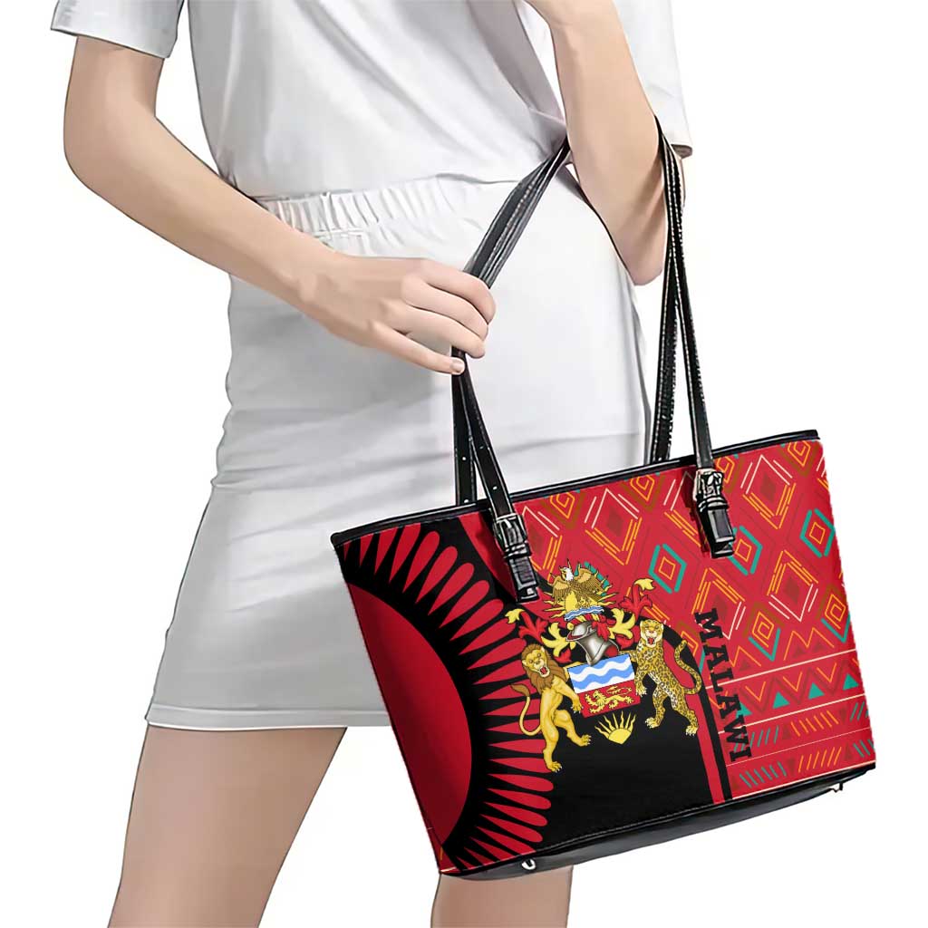Malawi Patterns Leather Tote Bag Blended with Flag Colors & National Emblem - Cultural Fusion Design