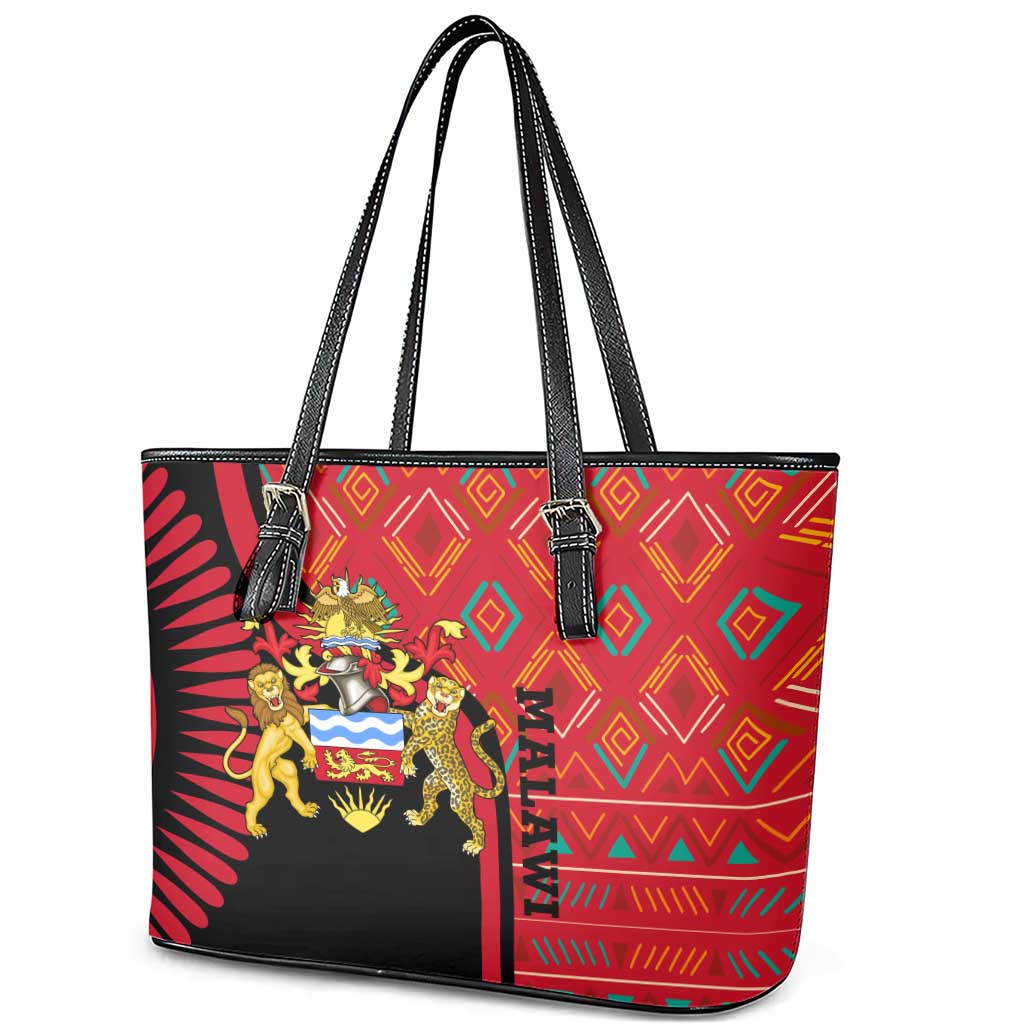 Malawi Patterns Leather Tote Bag Blended with Flag Colors & National Emblem - Cultural Fusion Design