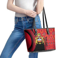 Malawi Patterns Leather Tote Bag Blended with Flag Colors & National Emblem - Cultural Fusion Design