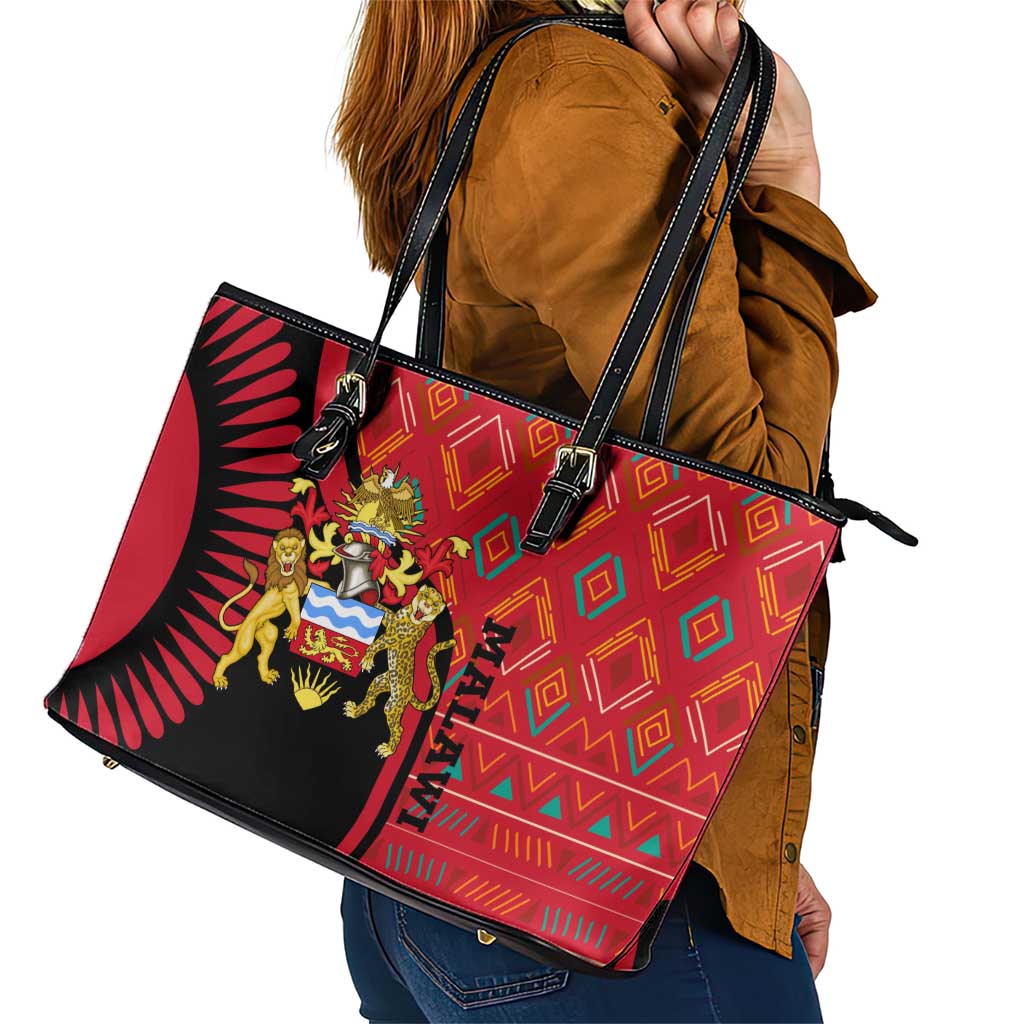 Malawi Patterns Leather Tote Bag Blended with Flag Colors & National Emblem - Cultural Fusion Design