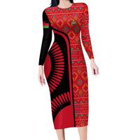 Malawi Patterns Long Sleeve Bodycon Dress Blended with Flag Colors & National Emblem - Cultural Fusion Design