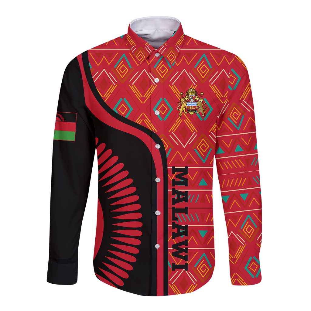 Malawi Patterns Long Sleeve Button Shirt Blended with Flag Colors & National Emblem - Cultural Fusion Design