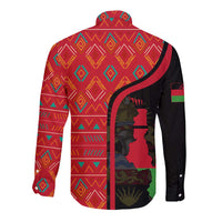 Malawi Patterns Long Sleeve Button Shirt Blended with Flag Colors & National Emblem - Cultural Fusion Design