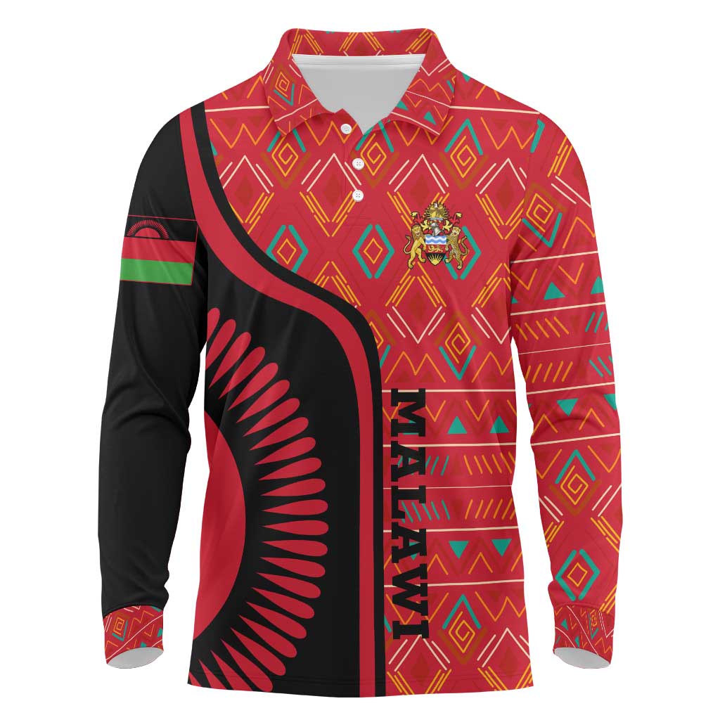 Malawi Patterns Long Sleeve Polo Shirt Blended with Flag Colors & National Emblem - Cultural Fusion Design