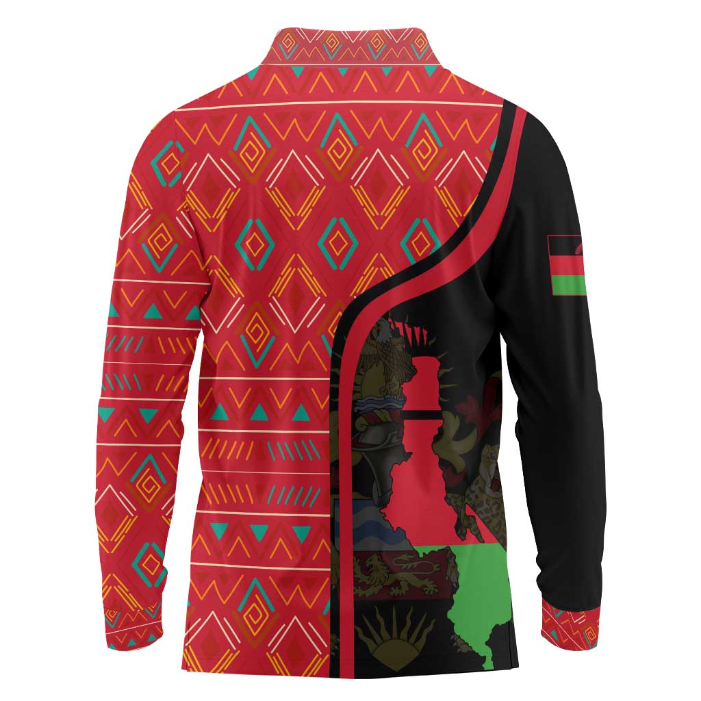 Malawi Patterns Long Sleeve Polo Shirt Blended with Flag Colors & National Emblem - Cultural Fusion Design