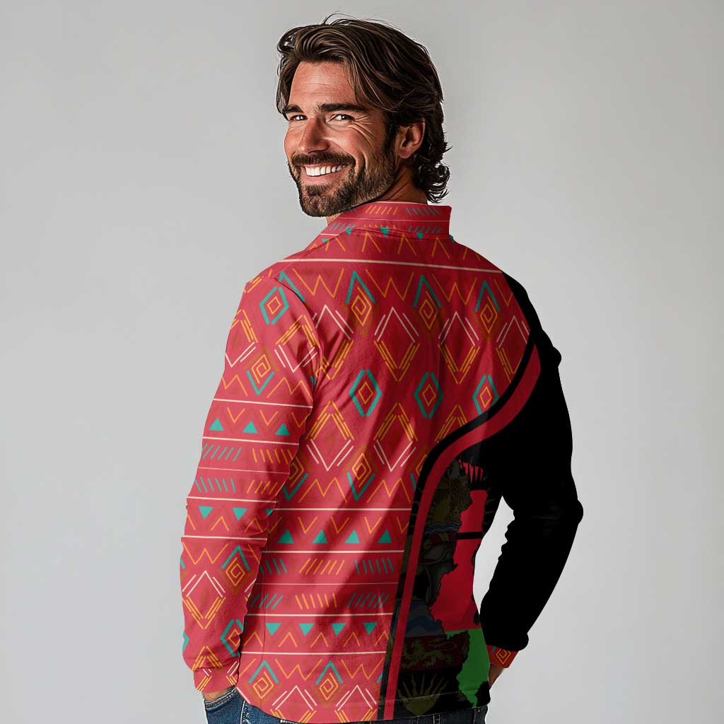 Malawi Patterns Long Sleeve Polo Shirt Blended with Flag Colors & National Emblem - Cultural Fusion Design