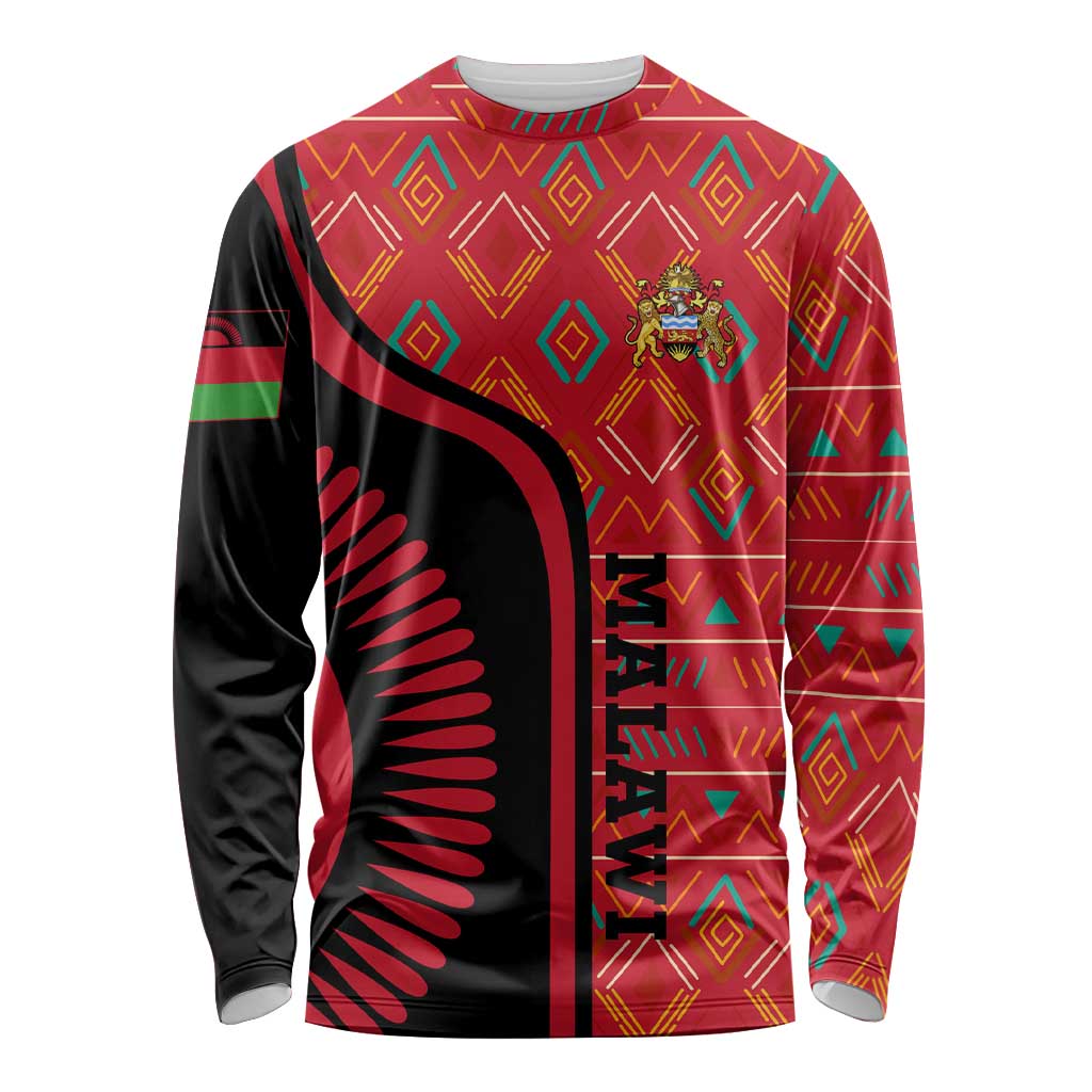 Malawi Patterns Long Sleeve Shirt Blended with Flag Colors & National Emblem - Cultural Fusion Design