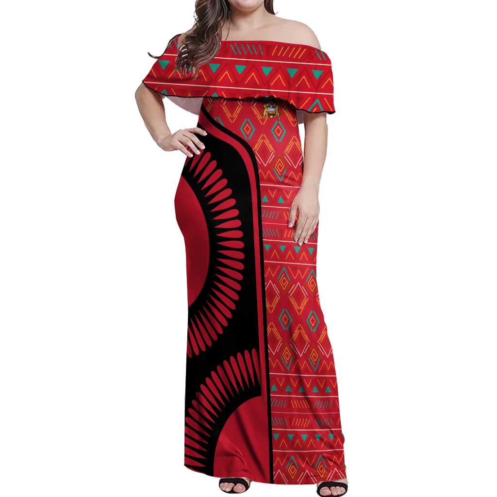 Malawi Patterns Off Shoulder Maxi Dress Blended with Flag Colors & National Emblem - Cultural Fusion Design