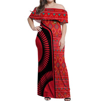 Malawi Patterns Off Shoulder Maxi Dress Blended with Flag Colors & National Emblem - Cultural Fusion Design